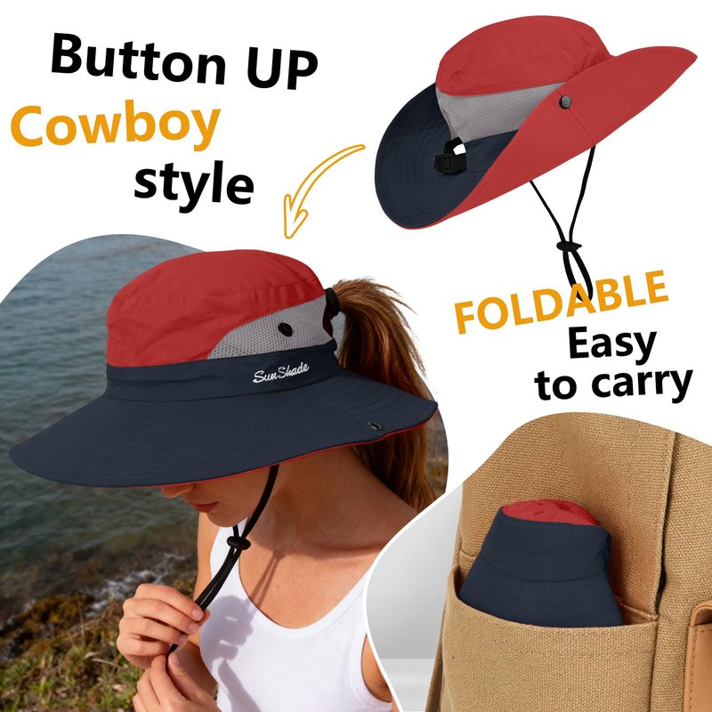 ZOORON 1 Pack Women's Ponytail Safari Sun Hat,Wide Brim UV Protection Outdoor Bucket Hat,Foldable Beach Summer Fishing Hat(red)