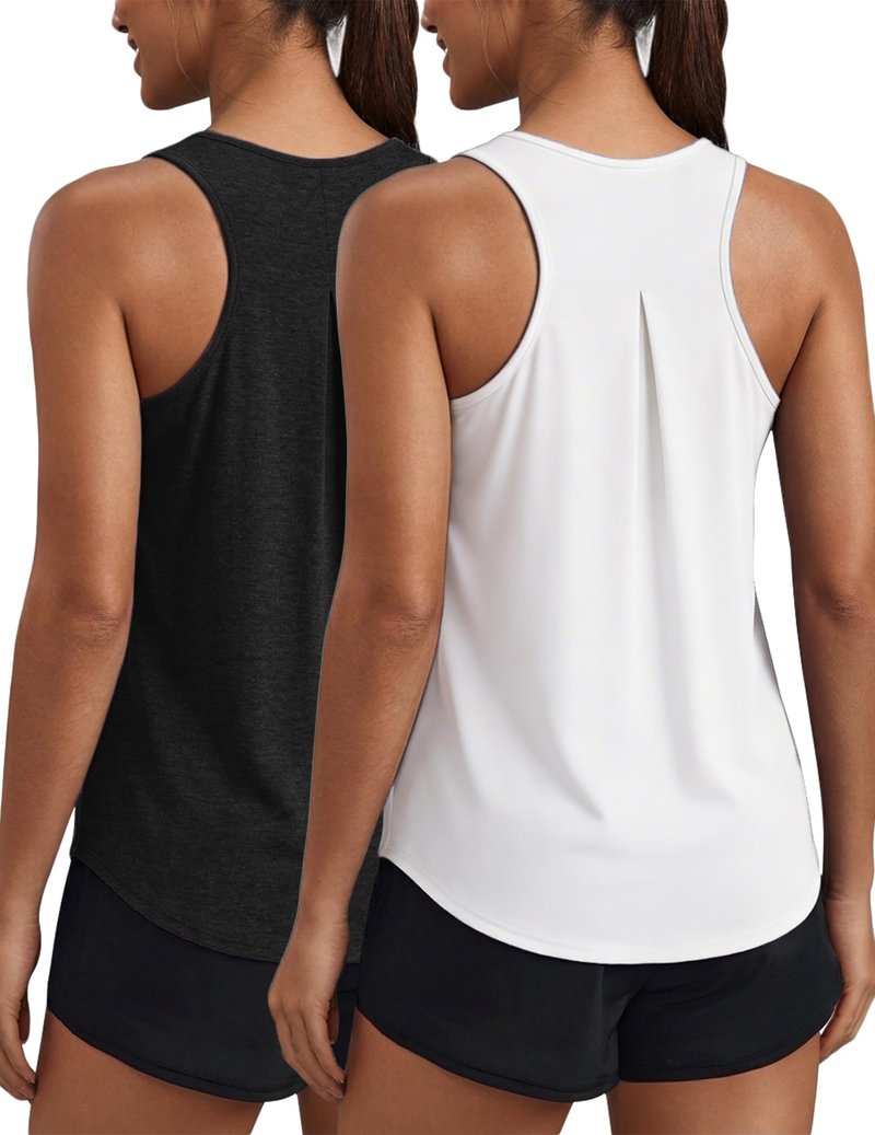 PINSPARK Gym Shirts Woman Workout Tops Racer Back Loose Fit Exercise Running Shirt Lightweight Yoga Top Pack, Black/White L