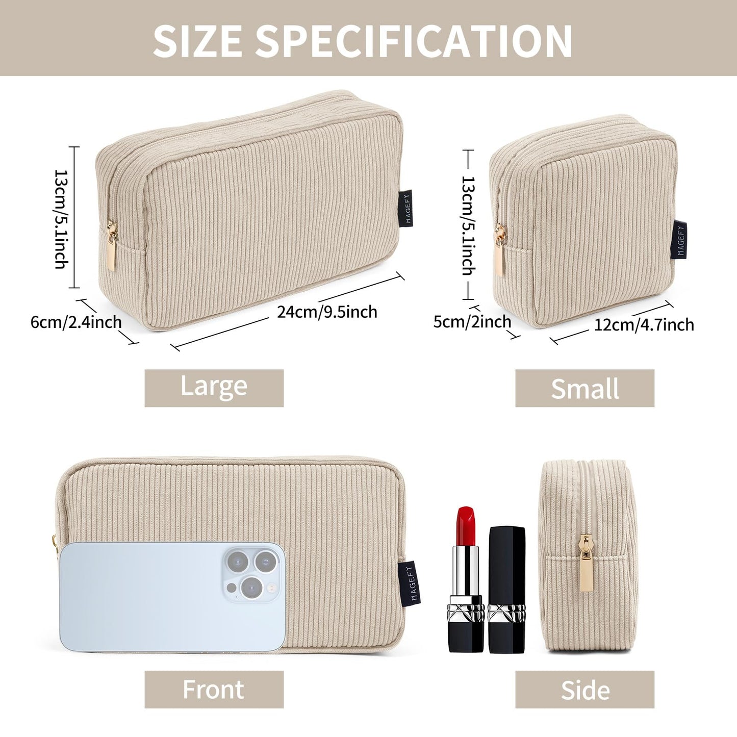 Makeup Bag, MAGEFY 2 Pcs Small Makeup Bag for Handbag Corduroy Pouch with Compartments Travel Makeup Cosmetic Bag for Women (Beige)