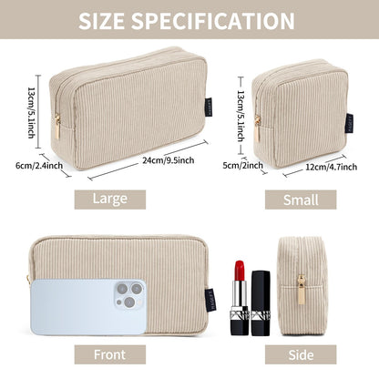 Makeup Bag, MAGEFY 2 Pcs Small Makeup Bag for Handbag Corduroy Pouch with Compartments Travel Makeup Cosmetic Bag for Women (Beige)