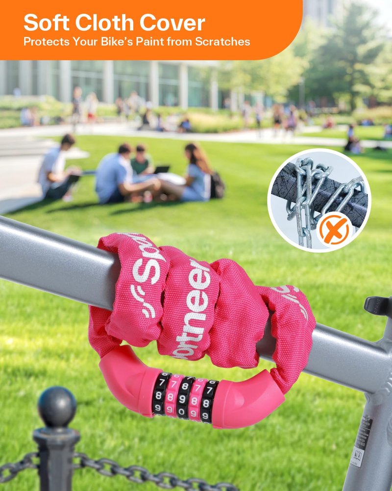 Sportneer Bike Lock: 5 Digit Combination High Security Anti Theft Bike Chain Lock - 3.2/3.6/4ft Heavy Duty Resettable Keyless Bicycle Lock for Bike, Motorcycle, Scooter, Door - 6mm Thick Rose Red