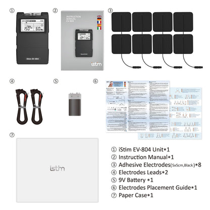 iSTIM EV-804 TENS/EMS 2 Channel Rechargeable Combo Machine Unit - Muscle Stimulator + Back Pain Relief and Management- 7 modes/24 Programs/Backlit (Including Electrodes Pads)