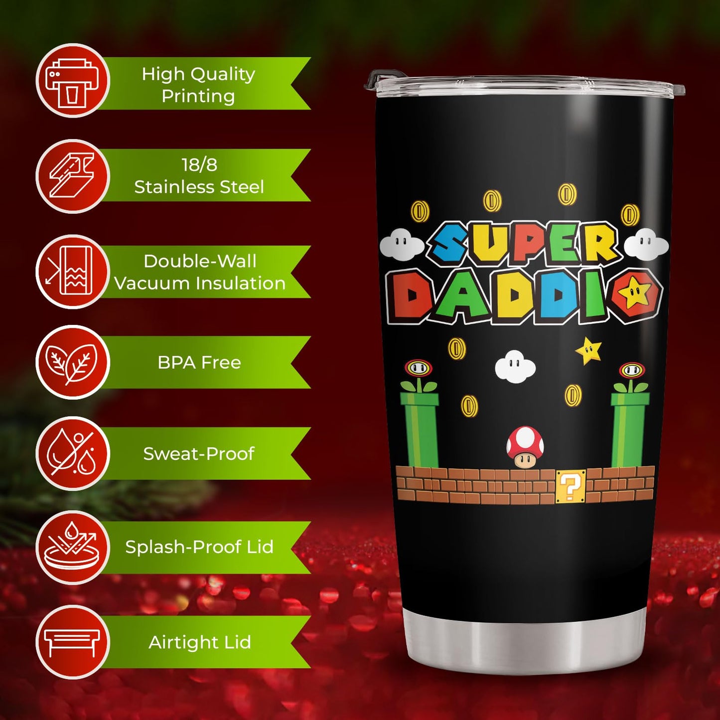 34HD Father Gifts, Daddio Tumbler with Lid 20 oz Stainless Steel, Dad Coffee Mug, Gamer Dad Present, Daddy Birthday Gifts from Daughter, Son, Wife Christmas Gift