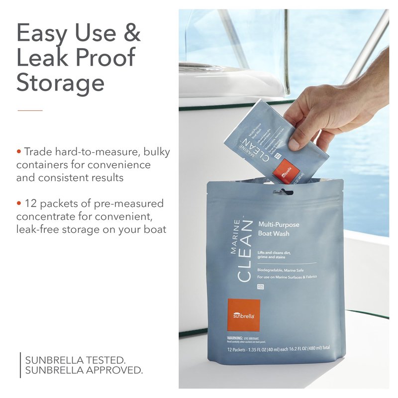 Sunbrella Marine Clean Multi-Purpose Boat Wash | Powerful Concentrated Formula | Clean Your Entire Boat | Removes Dirt, Grime | Safe for Fiberglass, Vinyl, Metal & More | 12 Individual Packets