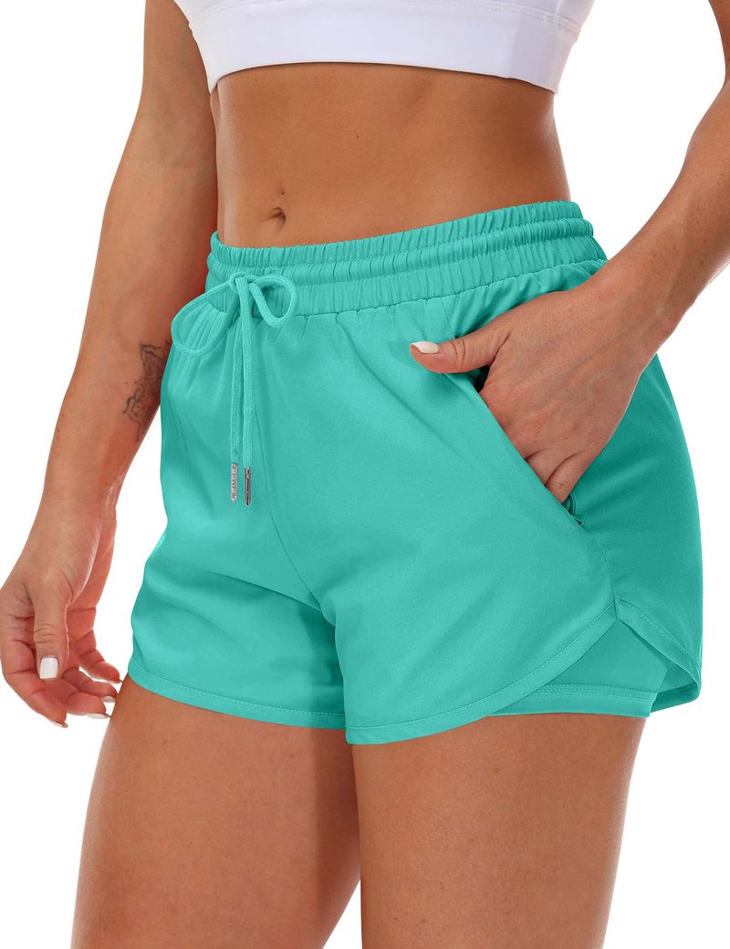 Mancreda Women's Running Shorts with Liner 3 Zipper Pockets Elastic Workout Athletic Gym Yoga Shorts(LGR,S) Light Green
