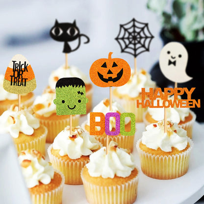 32 pcs Halloween Ghost Boo Glitter Cupcake Toppers Ghost Boo 32 Pack Cupcake Topper muffin for Halloween, Birthday Decoration Party Supply(Frankenstein）