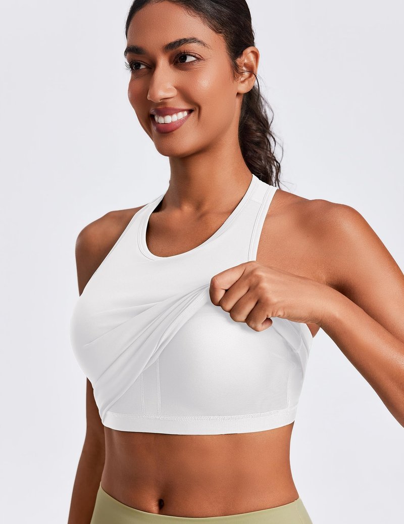 PINSPARK Racerback Tank Tops for Women Tight Workout Tops with Built in Bras Crew Neck Yoga Tops Sleeveless Pilates Shirt，White M