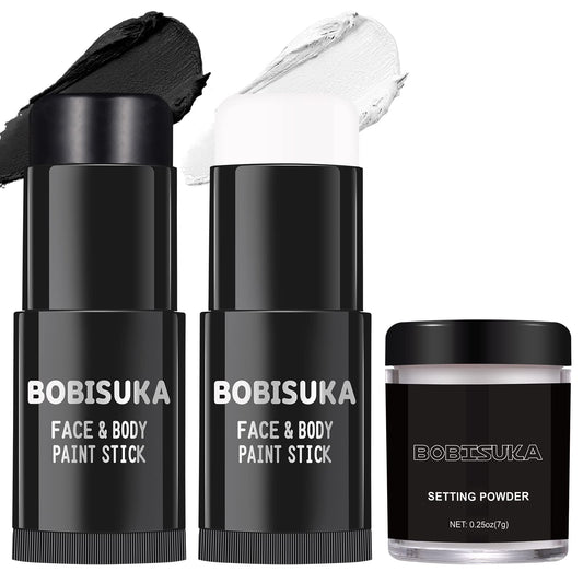 BOBISUKA Black White Face Paint Stick with Setting Powder Set, Eye Black Sticks for Sports, Body Paints for Clown Skeleton Vampire Skull Cosplay Special Effects Costume SFX Halloween Makeup Kit