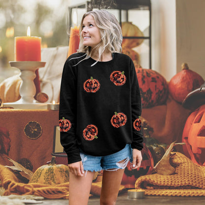 VILOVE Halloween Pumpkin Sequin Sweatshirt Women: Pumpkin Face Long Sleeve Tops Fall Pumpkin Hoodie Halloween Party Pullover Black
