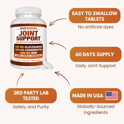 Arazo Nutrition Glucosamine Chondroitin Turmeric Msm Boswellia - Joint Support Supplement for Relief 180 Tablets for Bones, Back, Knees, Hands (180 Tablets)