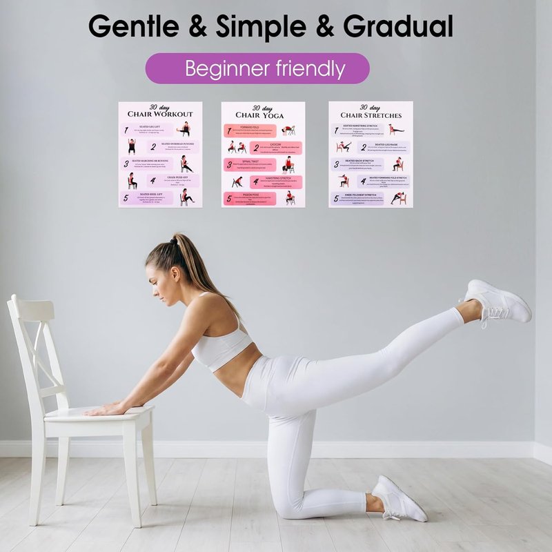 Karlaris 30-Day Chair Yoga Chart Set - 6-Pack Office Workout Posters for Seniors | Gentle Stretching & Seated Exercises