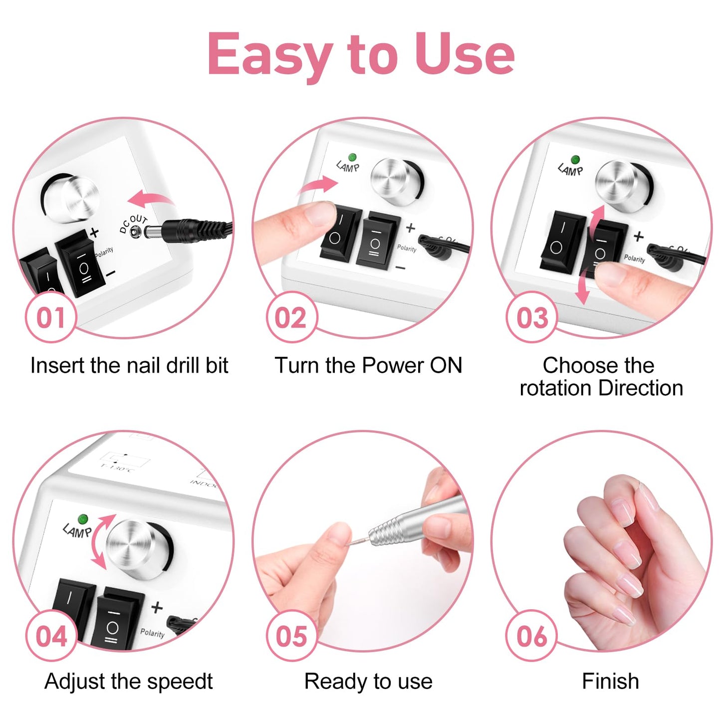 20000RPM Electric Nail Drill Professional Nail File Drill Acrylic Nails Kit for Manicure Gel Nail Polish Remover with 1 Pack of Sanding Bands(Pink)