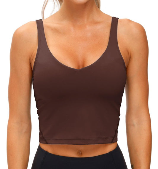 Women’s Longline Sports Bra Wirefree Padded Medium Support Yoga Bras Gym Running Workout Tank Tops Red Brown