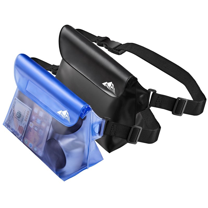 HEETA 2-Pack Waterproof Pouch with Waist Strap, Screen Touchable Dry Bag with Adjustable Belt for Phone Valuables for Kayaking Swimming Snorkeling Boating Fishing Surfing Beach (Black & Blue)