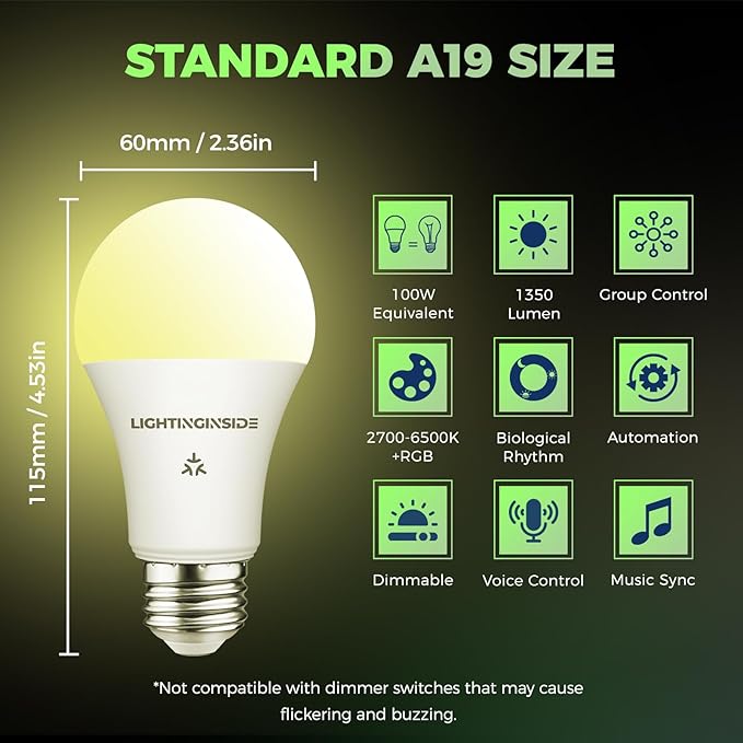 Matter Smart Light Bulbs 100W Equiv, Compatible with Alexa/Apple Home/Siri/Google Home/SmartThings, A19 E26 WiFi RGBCW Color Changing Light Bulb, 11W 1350LM, 2.4G WiFi, ETL Listed, 2PCS