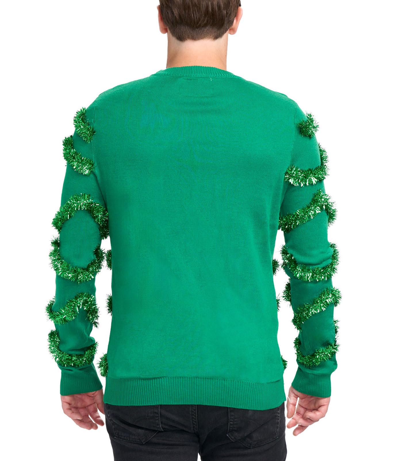 Tipsy Elves Men's Ugly Christmas Sweaters - Funny and Tacky Embellished Christmas Sweaters for Men - Green Gaudy Garland Christmas Sweater with Tinsel and Ornaments Size Large