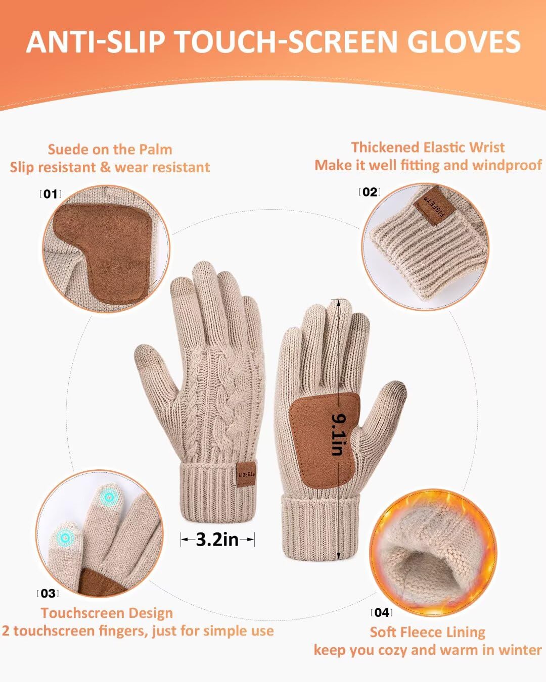 Winter Beanie Hat Scarf Gloves Set for Women, Pom Pom Beanie with Fleece Lined Long Knit Neck Warmer Fingers Touchscreen Gloves, Fashionable Cute Warm 3 in 1 Gift Set for Cold Weather(A-07) Camel