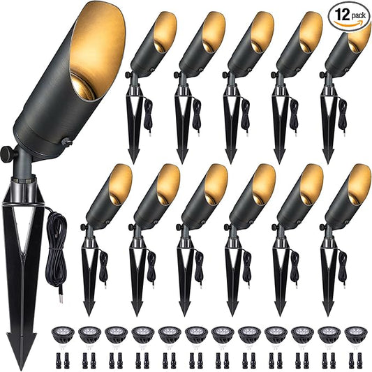 Gardenreet Die-Cast Brass Spot Light Outdoor - 12V Uplighting Waterproof, LED Low Voltage Landscape Lights Metal, Bronze for Fence Fountain with Bright White MR16 Replaceable Bulbs (12 Pack)