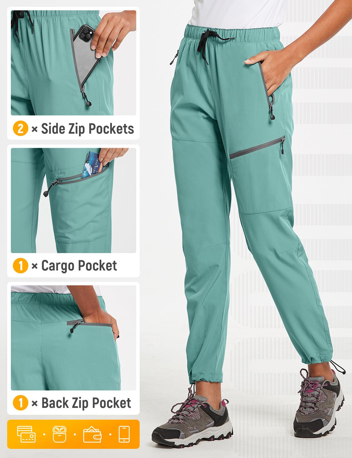 baleaf Cargo Pants for Women Petite Joggers Lightweight Quick Dry Pant Water Resistant 27'' Travel Workout Athletic Trip 27''-Pond L