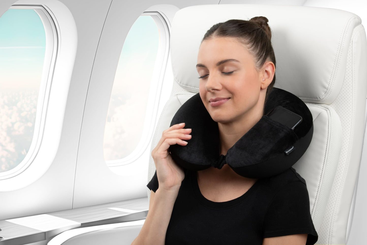 Brookstone Microbead Travel Head and Neck Pillow Lightweight and Plush with Phone or Headphone Pocket, Blue