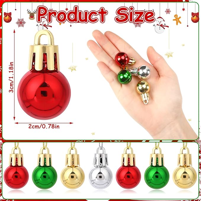 Jansun 120PCS Christmas Mini Balls Ornaments Miniature Xmas Tree Hanging Decorations Small Vintage Glitter Balls for Holiday Party Outdoor Indoor DIY Craft Decor Supplies