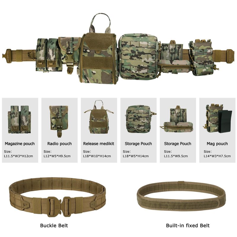 PIKEON Tactical Belt Battle Law Enforcement Molle Airsoft Duty Belt Quick-Release with Pouches 8 in 1 (CAMOU)