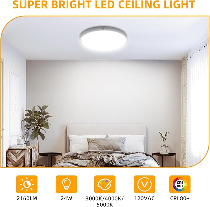 Hlite 6pack 12 inch Flush Mount LED Ceiling Light Fixture,24W 2400LM Super Slim Light Fixtures Ceiling Mount 3000K/4000K/5000K 3CCT Selectable,Light Fixtures for Kitchen,Bedroom (White)