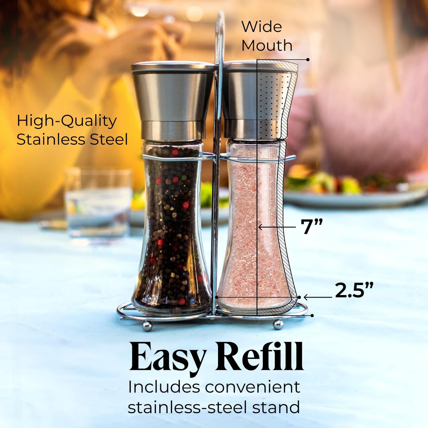 Willow & Everett Salt and Pepper Grinders - Set of Premium Stainless Steel Mills w/Stand – Tall Shakers w/Adjustable Coarseness - Salt & Pepper Mills w/Lids