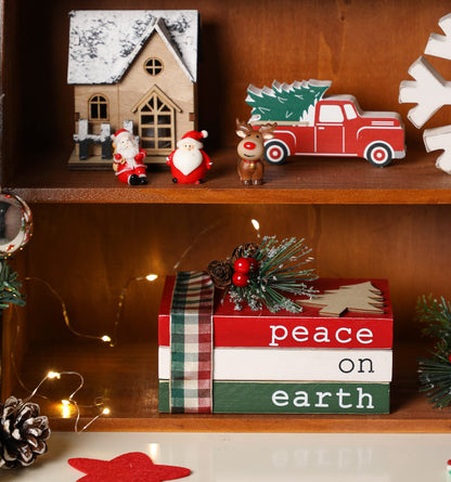 Christmas Wood Book Stack, Christmas Tiered Tray Decor, Peace on Earth Mini Faux Decorative Books with Pine Berry, Farmhouse Book Decor for Home Table Mantle Shelf