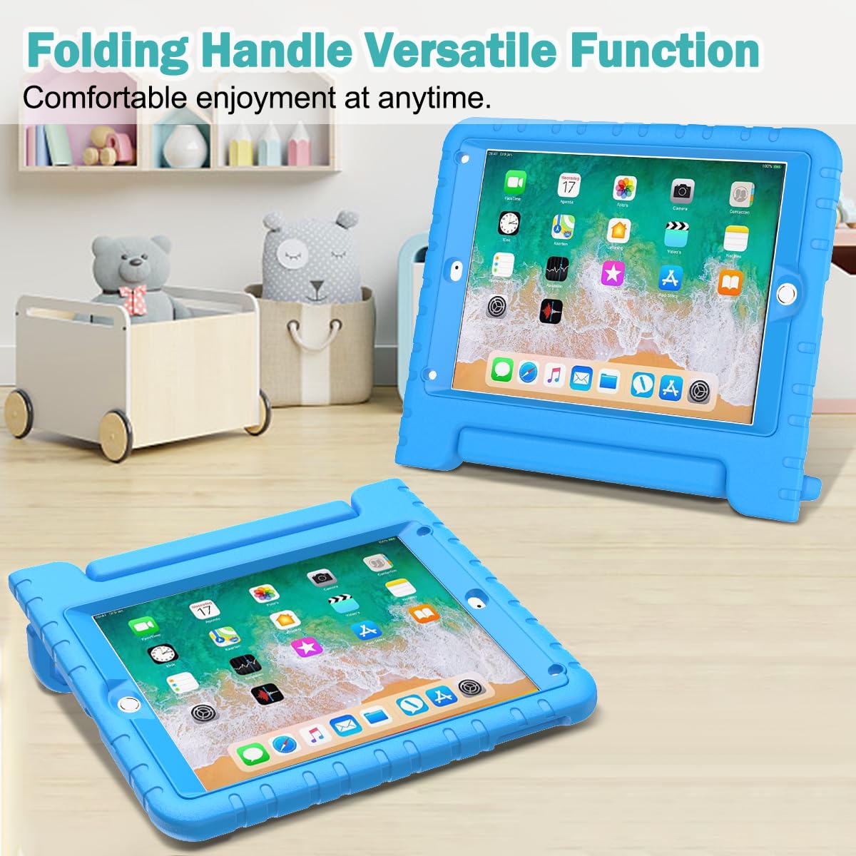 Surom Kids Case with Screen Protector for iPad 9.7 Inch 2018/2017, Shockproof Convertible Handle Stand Case for iPad 9.7 2017/2018 (iPad 5th and 6th Generation),iPad Air 2, Blue