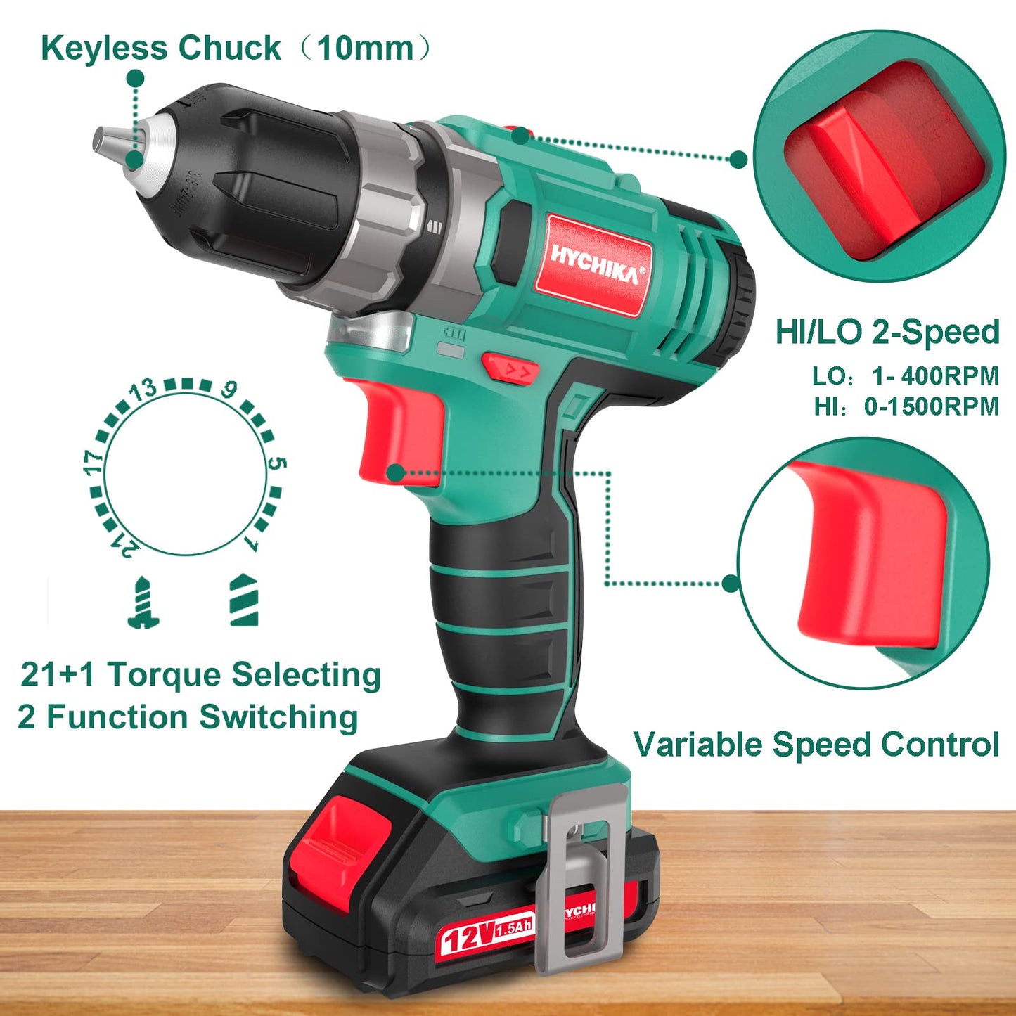 HYCHIKA Cordless Drill Driver 12V, Electric Screwdriver 30N·m, 21+1 Torque Electric Drill, 2-Variable Speed LED Work Light, 1500mAh Li-Ion Battery 25Pcs Accessories for Home and Garden DIY Project