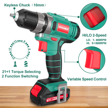 HYCHIKA Cordless Drill Driver 12V, Electric Screwdriver 30N·m, 21+1 Torque Electric Drill, 2-Variable Speed LED Work Light, 1500mAh Li-Ion Battery 25Pcs Accessories for Home and Garden DIY Project