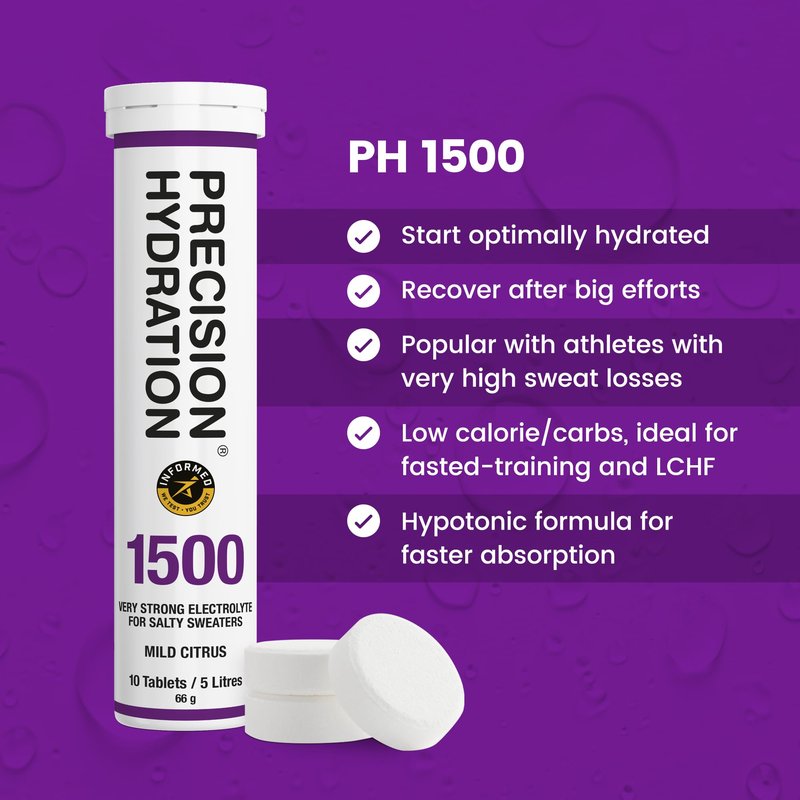 Precision Hydration Electrolyte Tablets - Multi Strength Effervescent Hydration Tablets - Combats Cramp - Low Calorie, Gluten Free, Vegan/Vegetarian Friendly (1 Tube, 1500mg/L - Purple Tube)