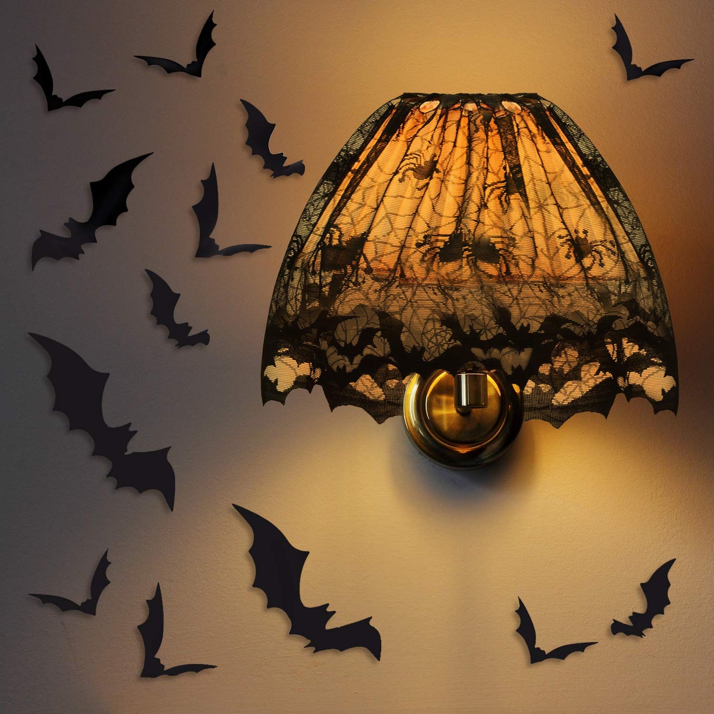 2 Pieces Halloween Lamp Shade Cover Black Lace Spider Web Lampshades Cover Topper Decoration with 60 Pieces 3D Bat Stickers for Halloween Party Indoor Decor