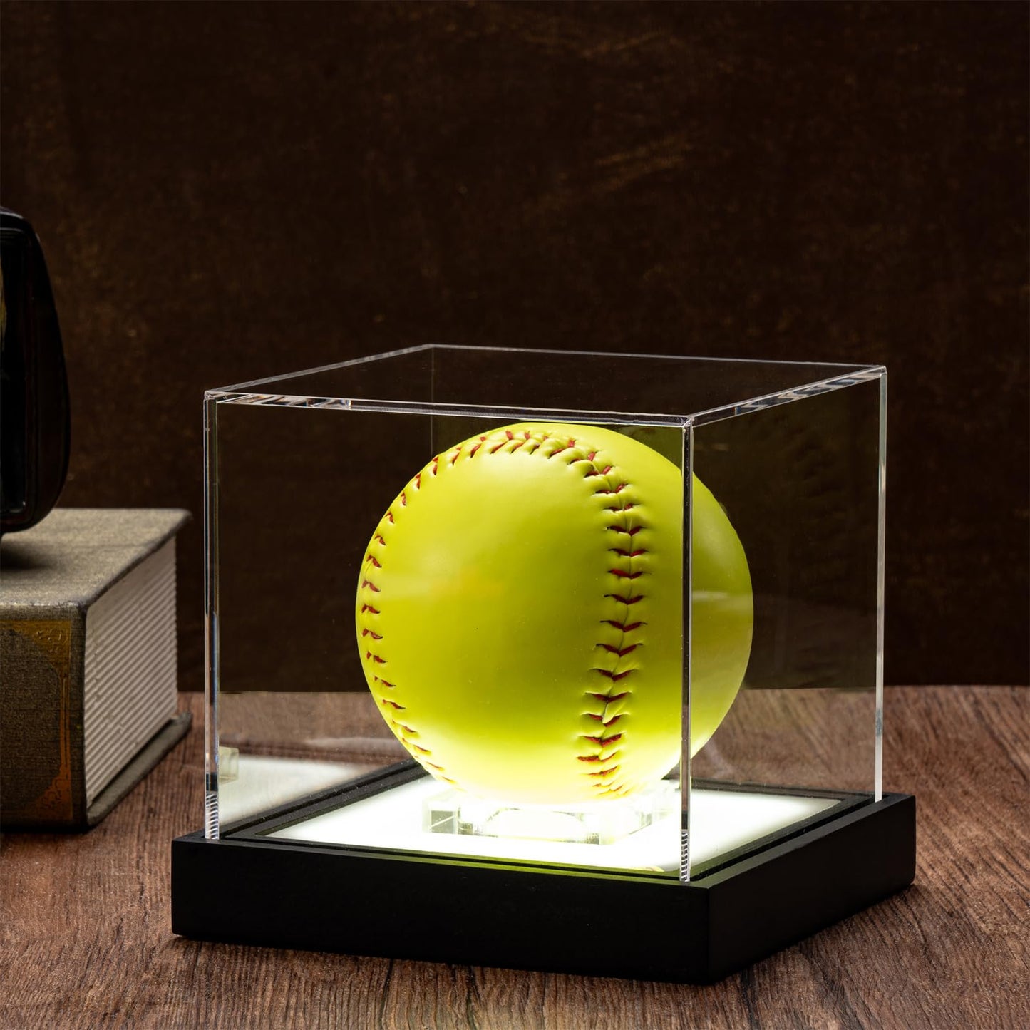 Softball Display Case with LED Light and Solid Wood Base, UV Protected Acrylic Display Box for Memorabilia, Signed Balls Showcase, No Assembly Required
