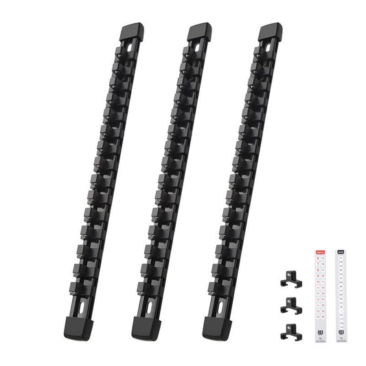 Reniteco 3-Piece Socket Organizer - 3/8-Inch Drive x 45 Clips, Heavy Duty ABS Socket Holder with Removable End Caps, Premium Socket Rail for Tool Box Drawer