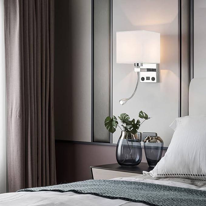 Sconces Wall Lighting Hardwired Modern Wall Lights for Bedroom with USB Port and Reading Lamp, Bedside Wall Lamps for Hotel, Living Room, Office (Silver)