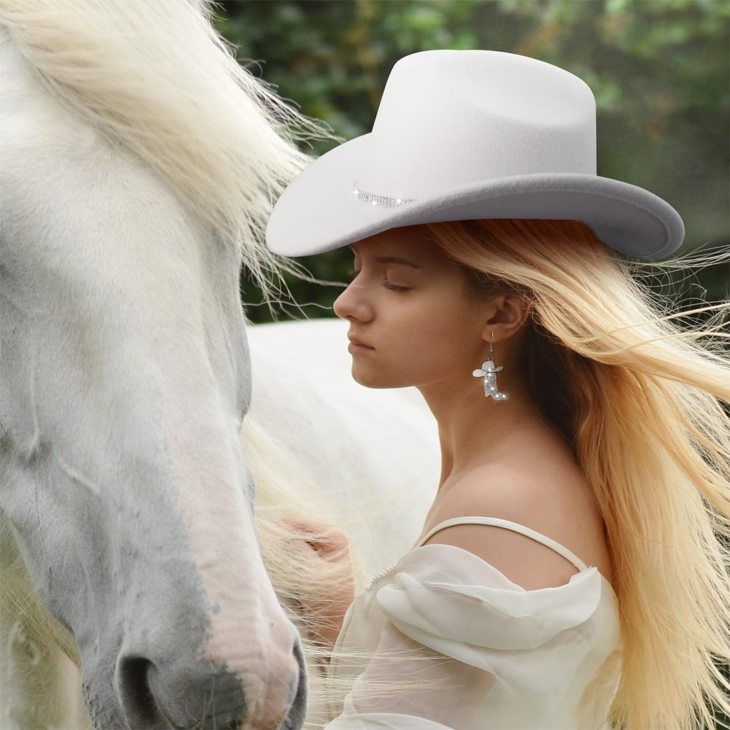 Aswitnove Cowboy Hat Rhinestone Cowgirl Boots Earrings Set Western Earrings Felt Fedora Jazz Hat Rodeo Outfit for Women Boots White