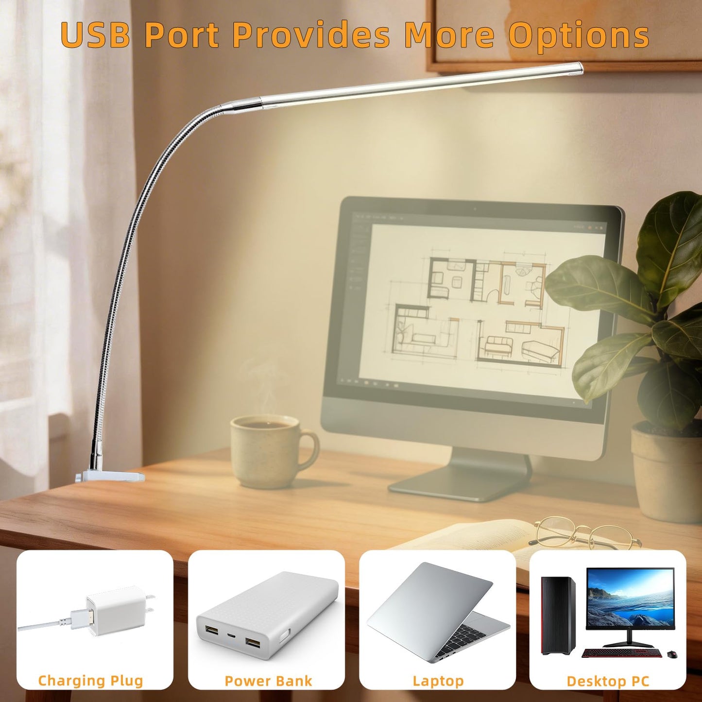Tikroom Space Aluminum LED Desk Lamp with Clamp, Clip on Light for Reading Study Desk Light 3 Modes 10 Brightness Flexible Gooseneck with USB Adapter Table Lamp for Home Office Computer Nail Work
