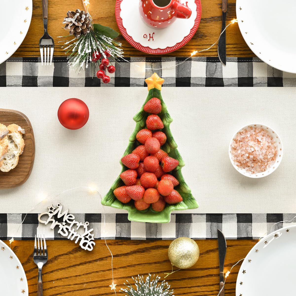 Artoid Mode Waterclor Buffalo Plaid Christmas Trees Merry Xmas Table Runner, Seasonal Winter Holiday Kitchen Dining Table Decoration for Indoor Outdoor Home Party Decor 13 x 90 Inch