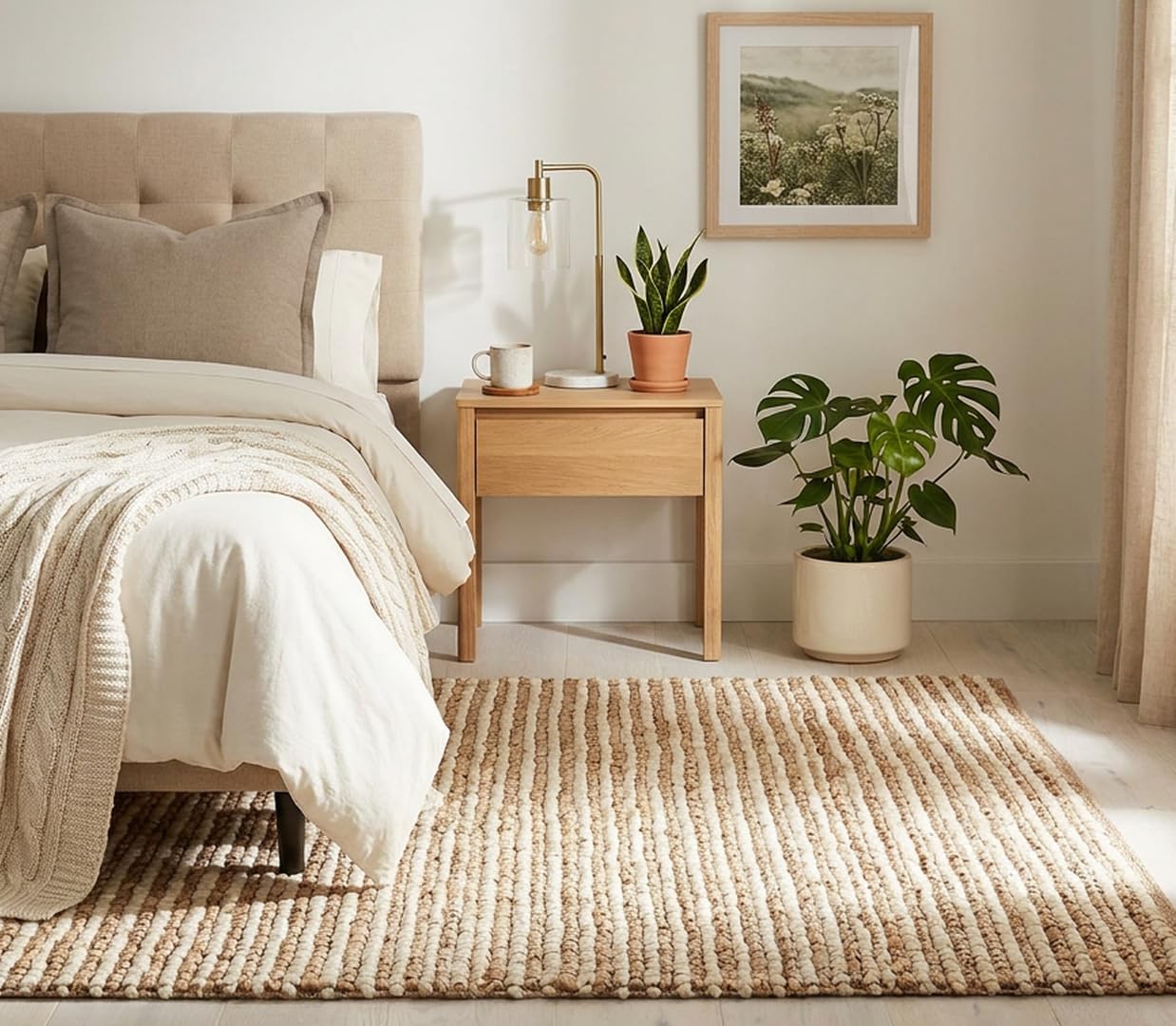 FRELISH DECOR Area Rug 5x8 feet - Premium Wool and Jute Blend Handwoven Rugs - Natural Fiber Chunky Stripe Rugs for Living Room, Bedroom, Hallways, Dining Area: Natural Ivory
