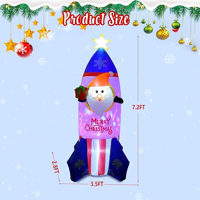 7.2 FT Inflatable Santa Ride Rocket with Gift Box Decorations, Blow Up Yard Decoration Rocket with Built-in Colorful LED Lights for Christmas Decorations