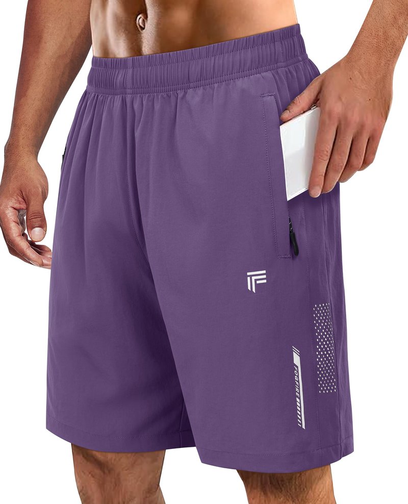 FOGFIRE Men's Athletic Running Shorts with Zipper Pockets Quick Dry Drawstring 7" Gym Shorts for Basketball Workout Jogging-Purple