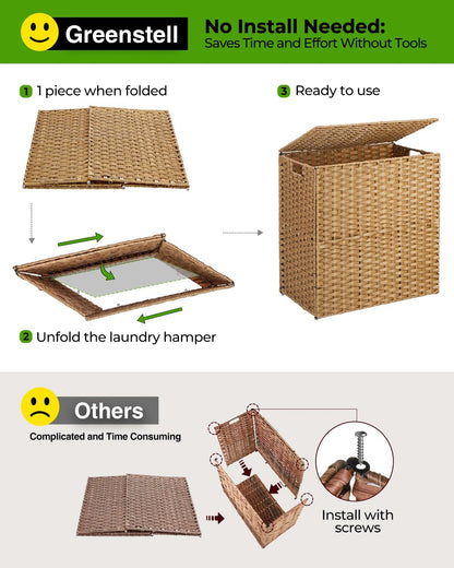 Greenstell Laundry Hamper with lid, No Install Needed, 110L Wicker Laundry Baskets Foldable 2 Removable Liner Bags, 2 Section Clothes Hamper Handwoven Rattan Laundry Basket with Handles, Natural
