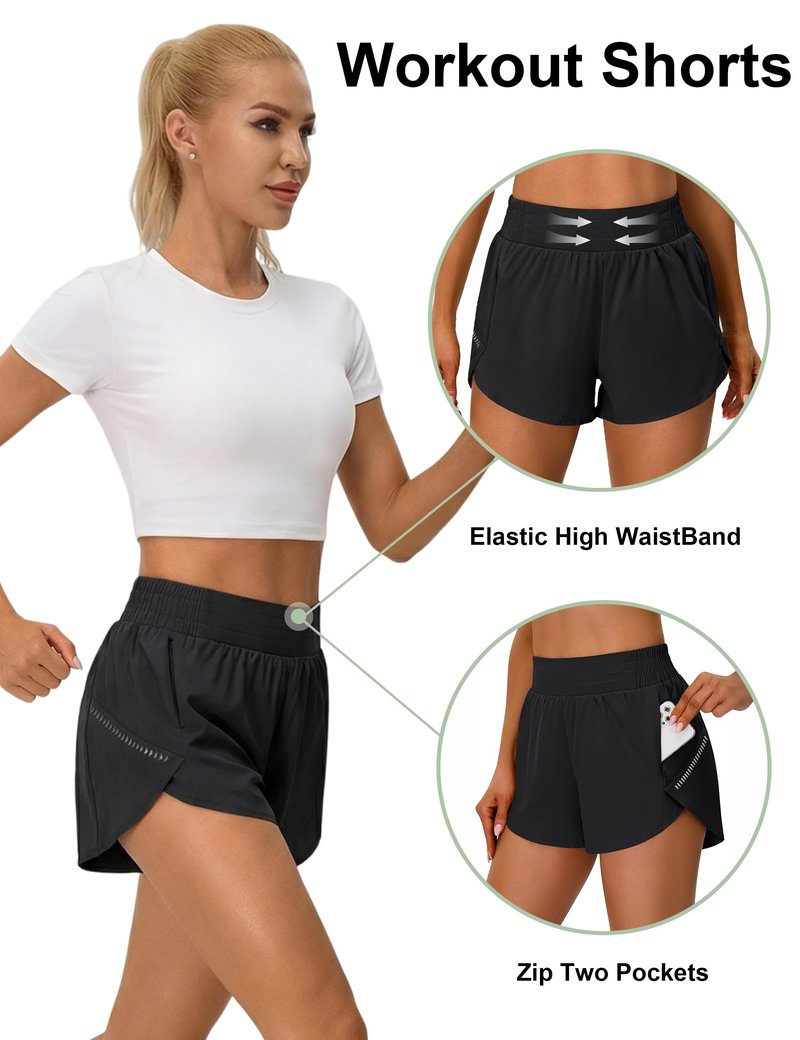 BMJL Womens Workout Gym Shorts Athletic Yoga High Waisted 2 in 1 Sporty Dolphin Running Shorts with Zip Pocket 2.5"(S,Black)