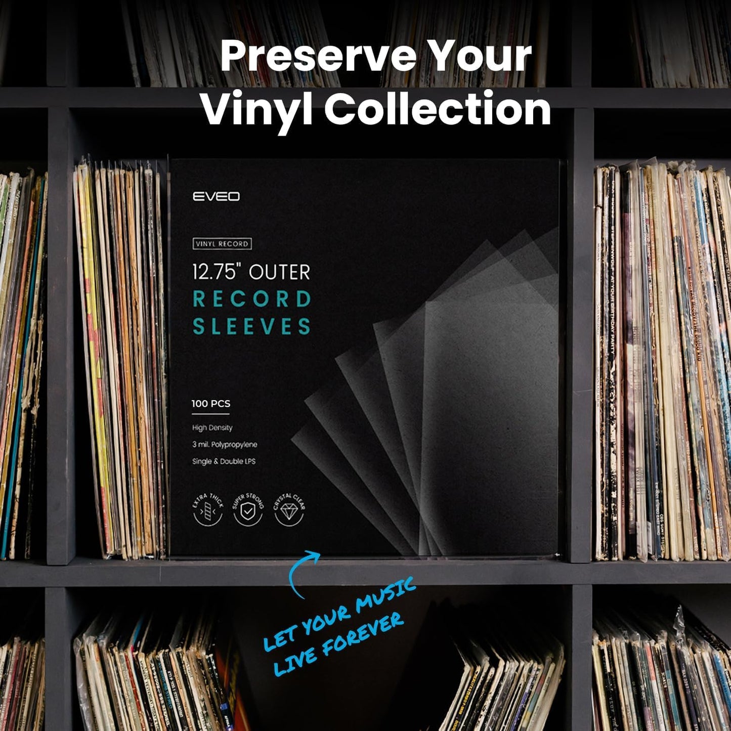 EVEO 25 Vinyl Record Sleeves Outer – Crystal Clear Outer Vinyl Sleeves LP Album Covers 12.75"x12.75" | Perfect Fit Protective 3 Mil Protection for Single & Double LPs - Archival Quality