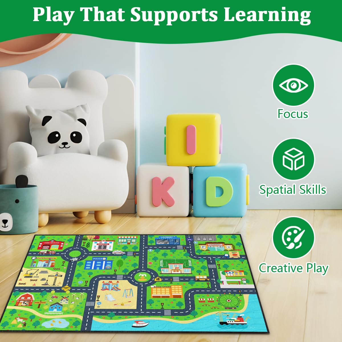 Road Rug for Kids 2×3 Ft - Car Track Road Map Play Mat, City Traffic Learning Carpet, Smooth Low-Pile with TPR Non-Slip Backing for Playroom