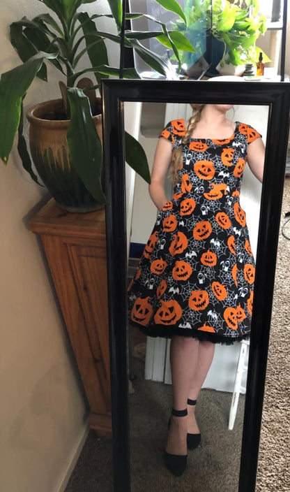 PUKAVT Women's Cocktail Party Dress Cap Sleeve 1950 Retro Swing Dress with Pockets Pumpkin 2XL