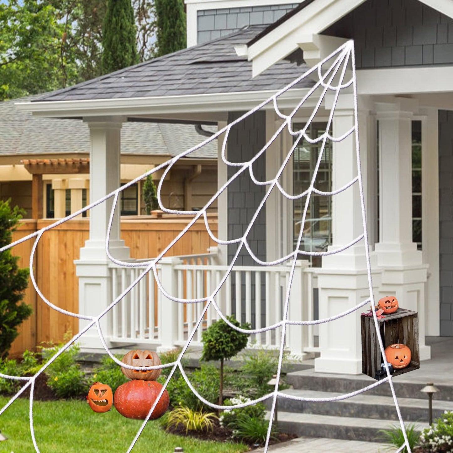 Outdoor Solar Powered Halloween Decorations Spider Web Lights, 14.8 x 16.4 FT Triangular White Spider Web with 135 LED Purple Lights, Large Size Solar Halloween Decor (Purple)