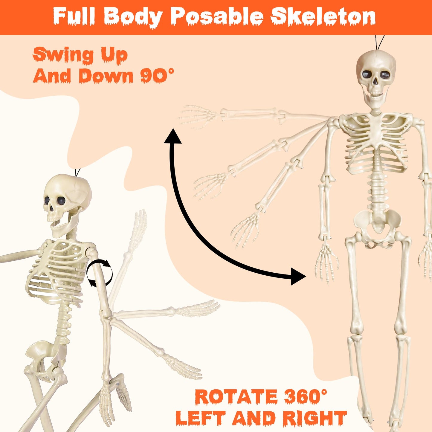 24" Halloween Skeleton Decorations,Full Body Posable,Hanging Skeleton with Movable Posable Joints, Spooky Plastic Skeleton for Yard Garden Lawn Haunted House Graveyard Props Decor